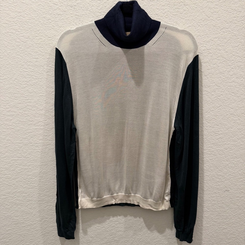 Burberry London Silk Cashmere Colorblock Turtleneck Sweater Navy Cream XS